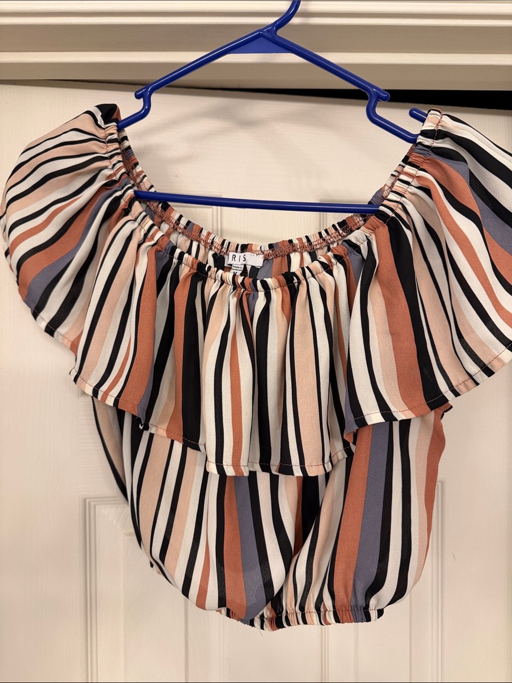 iris Striped Off-Shoulder Blouse in Black, Rust, Cream & Blue-Gray